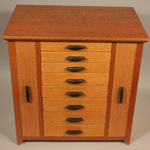 lacewood and leopardwood jewelry cabinet, 18" x 18" x 12"