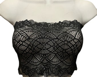 Black see through sheer elastic lace bandeau top, see through strapless bra XS / S