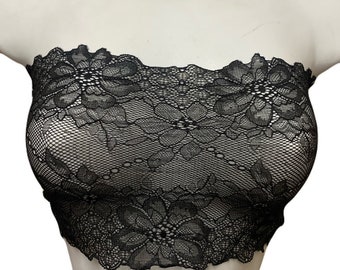 Black see through sheer elastic lace bandeau top, see through strapless bra XS / S