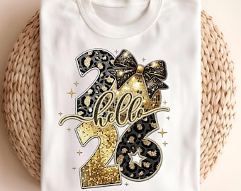 Hello 2026 PNG, New Year Sublimation Design, Gold Leopard Print 2026, Glitter Bow New Year PNG, Trendy NYE Shirt Design, Digital Download