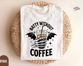 Batty sans café PNG | Squelette de café Halloween main PNG | Clipart sublimation automne effrayant | Clipart de chauve-souris de café | Café effrayant png