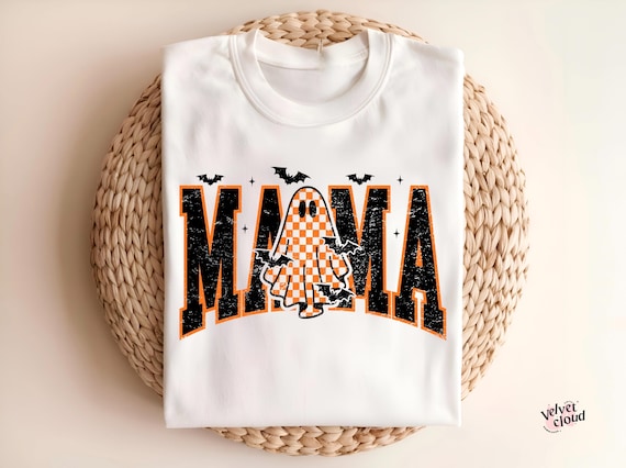 Halloween Mama SVG PNG Distressed Design | Spooky Ghost Sublimation and DTF Printable | Checkered Ghost Png for Shirts, Mugs & Fall Crafts