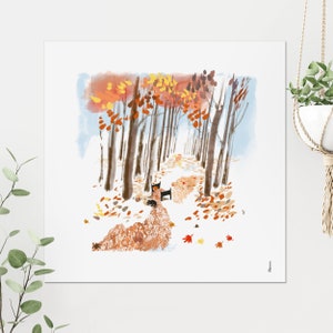 Disegno di foresta, poster forestale, illustrazione da sogno, autunno e sonno, all'aperto nella foresta, tra gli alberi, opere d'arte con alberi, letto e alberi