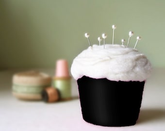 Pincushion - Felted Cupcake black and white