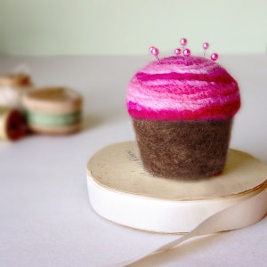 Pincushion - Felted Cupcake, Chocolate with Strawberry Swirl