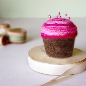Pincushion Felted Cupcake, Chocolate with Strawberry Swirl image 1