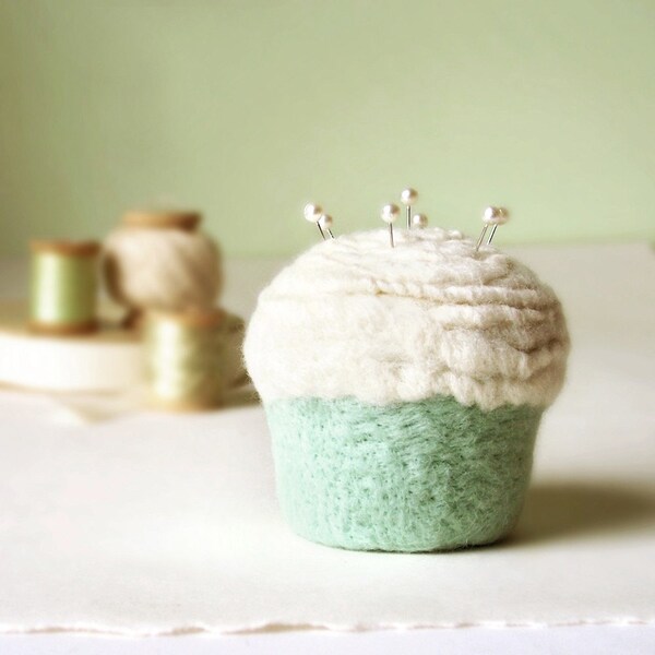 Pincushion - Felted Cupcake in Vanilla Mint