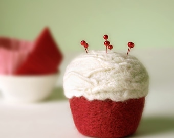 Pincushion - Felted Cupcake, Red Velvet