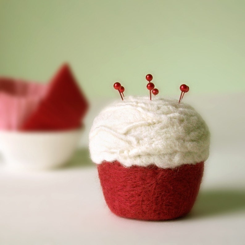 Pincushion Felted Cupcake, Red Velvet image 1