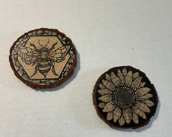 Bumble bee and Sunflower pen and ink art on wood slices