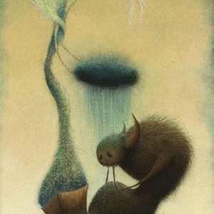 May include: A whimsical illustration of a creature with a large head and a furry body, standing under a cloud that is raining. A tall, slender figure with a white feathery top and a round head stands behind the creature.