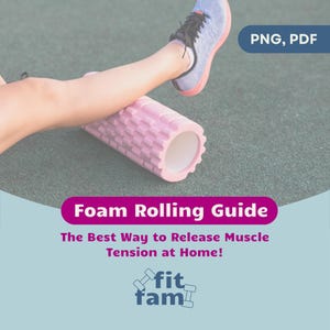 Può includere: Una donna dimostra come usare un rullo di schiuma rosa sulla sua gamba. Il testo sull'immagine dice "Foam Rolling Guide The Best Way to Release Muscle Tension at Home! fit fam".