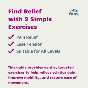 May include: A pink and white graphic with a checkmark next to each of the following: Pain Relief, Ease Tension, Suitable for All Levels. The graphic also includes the text "Find Relief with 9 Simple Exercises" and the logo "fit fam".