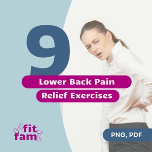May include: A digital graphic featuring a large blue number 9, the text "Lower Back Pain Relief Exercises" in white on magenta bars, and the "fit fam" logo with dumbbell icons. A person in a white shirt holds their lower back in discomfort.