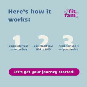 May include: A light blue graphic with the text "Here's how it works:" and three steps numbered 1, 2, and 3. Step 1 says "Complete your order on Etsy". Step 2 says "Download your PDF or PNG". Step 3 says "Print it or use it on your device". The graphic also includes the text "Let's get your journey started!" and a logo with the text "fit fam" in pink.