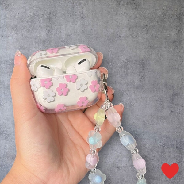 Floral Clear Airpods Case With Cute Pastel Flower Lanyard Charm for Airpods 1 2 3 Pro 1 2 AirPods Cover Shockproof Case Gift for her