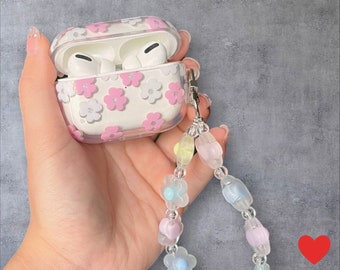 Floral Clear Airpods Case With Cute Pastel Flower Lanyard Charm for Airpods 1 2 3 Pro 1 2 AirPods Cover Shockproof Case Gift for her