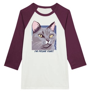 Cat lovers tshirt, funny cat shirt, I'm feline fine shirt, gray cat shirt, 3/4 sleeve, Raglan T-shirt, Cat lover gift, gift for her, Cat mom
