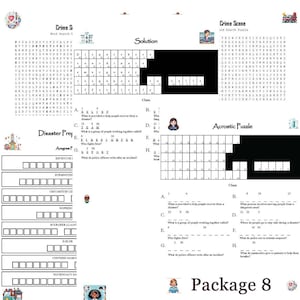 Könnte beinhalten: Ein druckbares Arbeitsblatt mit einem Wortsuchrätsel, einem Akrostichon-Rätsel und einem Anagramm-Rätsel zur Katastrophenvorsorge. Die Rätsel sind thematisch auf Kriminalität, Katastrophenvorsorge und Erste Hilfe ausgerichtet. Das Arbeitsblatt ist mit "Package 8" beschriftet.