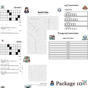 Könnte beinhalten: Ein schwarz-weißes, druckbares Arbeitsblatt mit einem Wortsuchrätsel, einem Anagramm-Rätsel und einem Akrostichon. Die Rätsel beziehen sich auf Notfallkommunikation und Disponentenausbildung. Das Arbeitsblatt enthält die Wörter: Dispatch, Frequency, Headset, Radio, Operator, Protocol, Monitor und Gear.