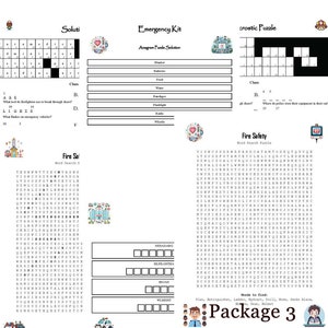 Könnte beinhalten: Ein druckbares Arbeitsblatt für Kinder zum Thema Brandschutz. Das Arbeitsblatt enthält ein Suchwort-Puzzle, ein Kreuzworträtsel und ein Anagramm-Puzzle. Das Arbeitsblatt soll Kindern helfen, etwas über Brandschutz und die Verhinderung von Bränden zu lernen.