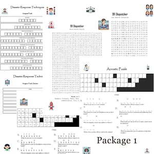 Könnte beinhalten: Ein druckbares pädagogisches Aktivitätspaket für Kinder mit einem Wortsuchrätsel, einem Anagramm-Rätsel und einem Akrostichon-Rätsel. Die Rätsel drehen sich um Ersthelfer, darunter Feuerwehrleute, Polizisten und Sanitäter. Das Paket enthält die Wörter "911 Dispatcher", "Disaster Response Techniques" und "Package 1".