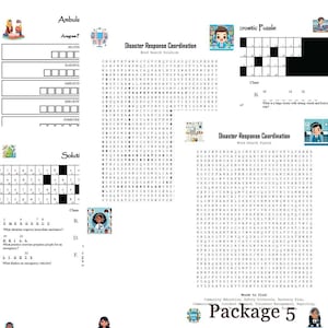 Könnte beinhalten: Ein Arbeitsblatt mit einem Wortsuchrätsel, einem Kreuzworträtsel und einem Wort-Scramble. Das Arbeitsblatt trägt den Titel "Katastrophenhilfe-Koordination" und enthält Wörter wie "Kommunikation", "Sicherheitsrichtlinien" und "Wiederherstellungsplan".