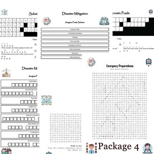 Könnte beinhalten: Ein schwarz-weißes Arbeitsblatt mit einem Kreuzworträtsel, einem Wortsuchspiel und einem Anagramm. Das Arbeitsblatt trägt den Titel "Disaster Mitigation" und "Emergency Preparedness".