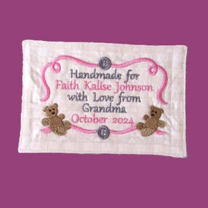 Personalized Custom Embroidered Sweet Border with Bears Label.  Perfect for Baby Quilts.  Blankets, Afghans,For Quilts, Clothing and More.