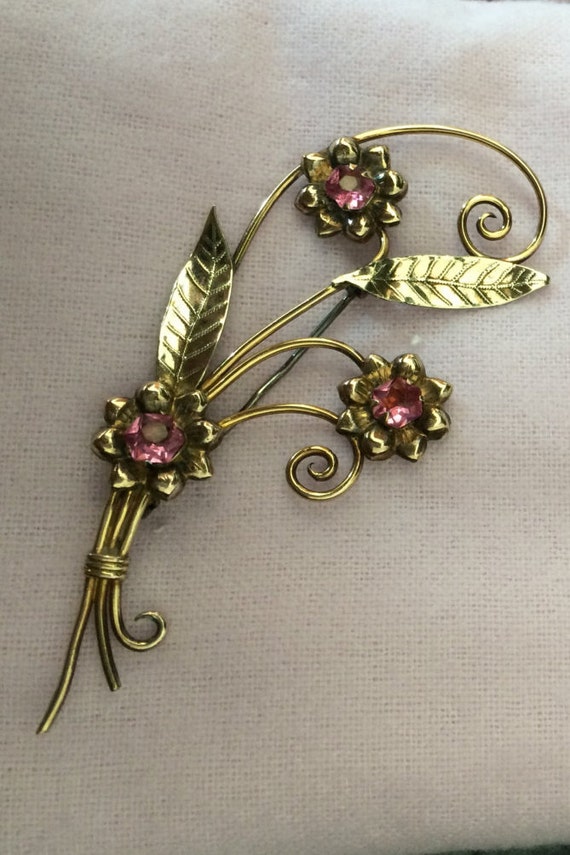 HOBSON Floral Pink Rhinestone Brooch 1/20 12K