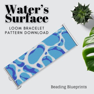 May include: A loom bracelet pattern download with a blue and white water-like design. The text "Water's Surface" is displayed at the top, with "LOOM BRACELET PATTERN DOWNLOAD" below. The words "Beading Blueprints" are at the bottom.