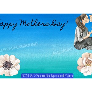 May include: A watercolour illustration of a mother and child embracing. The mother has long brown hair and is wearing a grey shirt. The child has short blonde hair and is wearing a striped shirt. The background is a blue gradient with white flowers.