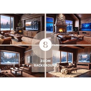 May include: A collection of eight zoom background images featuring a cosy cabin living room with a fireplace, a large window with a snowy winter scene, and a television. The room is decorated with rustic furniture and a warm, inviting atmosphere.
