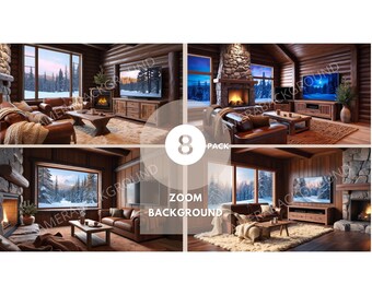 May include: A collection of eight zoom background images featuring a cozy cabin living room with a fireplace, a large window with a snowy winter scene, and a television. The room is decorated with rustic furniture and a warm, inviting atmosphere.