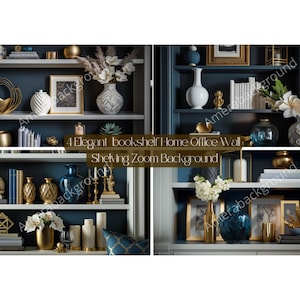 Peut inclure: Quatre étagères avec un fond bleu, chaque étagère est décorée d'objets décoratifs dorés et bleus, y compris des vases, des bougies, des livres et des figurines. Les étagères font partie d'un fond de zoom pour un mur de bibliothèque de bureau à domicile.