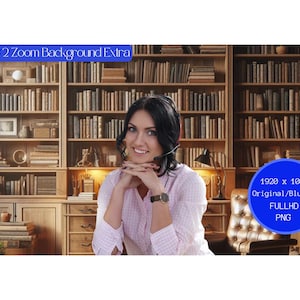 May include: A woman with dark hair and a headset sits in front of a bookshelf filled with books. The bookshelf is made of wood and has a light brown finish. The woman is wearing a pink and white patterned shirt. The image is labeled "1920 x 1080 Original/Blurred FULLHD PNG".