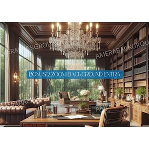 May include: A large, luxurious living room with a brown leather sofa, a wooden table, and a large chandelier. The room has large windows with views of a lush green garden. There are bookshelves filled with books on the right side of the room.