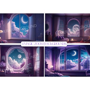May include: Four digital backgrounds featuring a purple room with a large window overlooking a night sky with clouds and a crescent moon. The windows are framed with white trim and the walls are a deep purple.