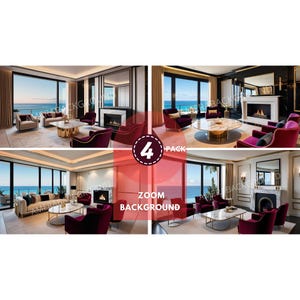 May include: Four images of a living room with a fireplace, large windows, and a view of the ocean. The living room is decorated in a modern style with dark wood floors, white walls, and red velvet furniture.