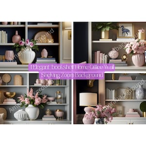 May include: Four white bookshelves with decorative items, including books, vases, and plants. The shelves are against a white wall. The text "4 Elegant bookshelf Home Office Wall Shelving Zoom Background" is at the bottom of the image.