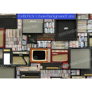 May include: A wall covered in vintage audio equipment, including amplifiers, speakers, and cassette tapes. The wall is a mix of black, brown, and red colours. The text "FreBonus: 2 Zoom Background Extra" is visible at the top of the image.