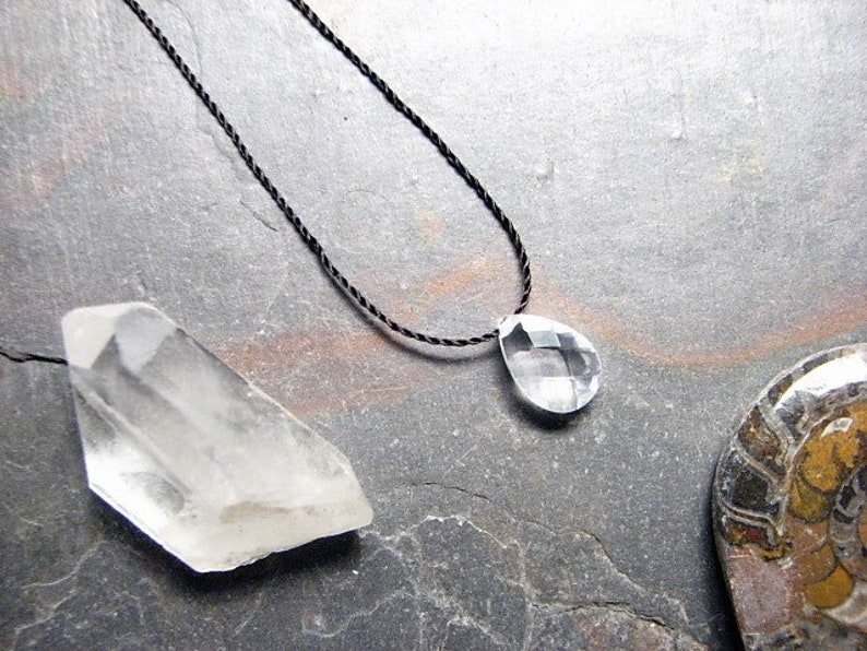 12 Inch Tiny Gem Necklace no clasp free floating 30 inches black silk Clear Cubic Zirconia Teardrop