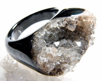 Size 10.25, Chocolate Diamonds, Shiny Black Agate, Light Smokey Quartz & Gray Crystal Druzy Cocktail Ring