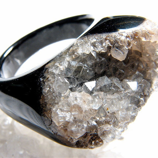 Size 10.25, Chocolate Diamonds, Shiny Black Agate, Light Smokey Quartz & Gray Crystal Druzy Cocktail Ring