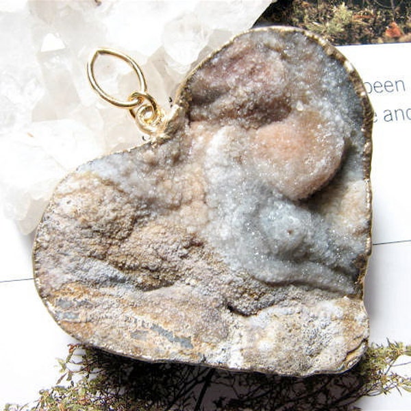 Arista, Charcoal Gray and Hazel, Sparkly Druzy, Heart Shaped Pendant