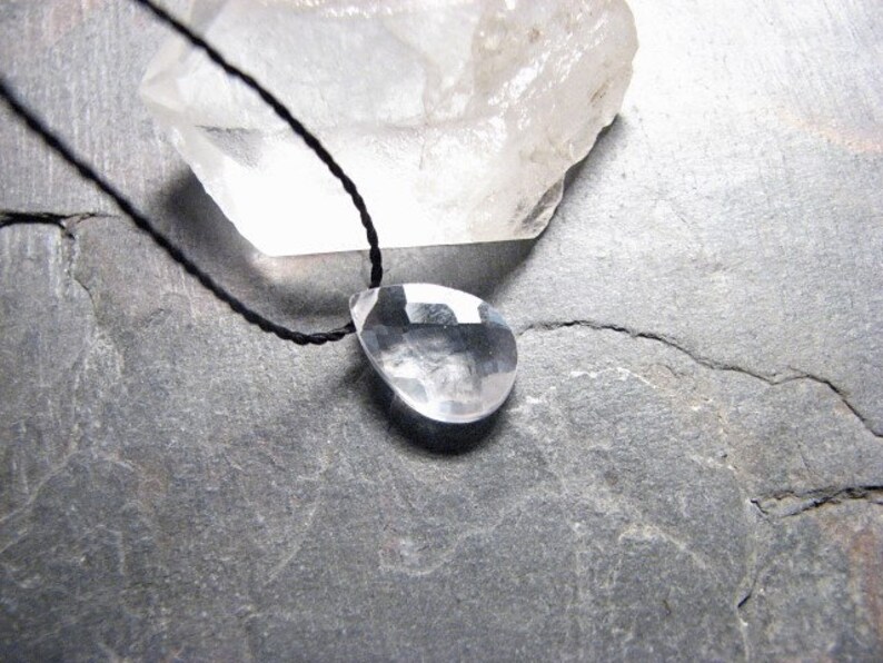 12 Inch Tiny Gem Necklace no clasp free floating 30 inches black silk Clear Cubic Zirconia Teardrop