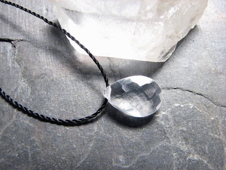 12 Inch Tiny Gem Necklace no clasp free floating 30 inches black silk Clear Cubic Zirconia Teardrop