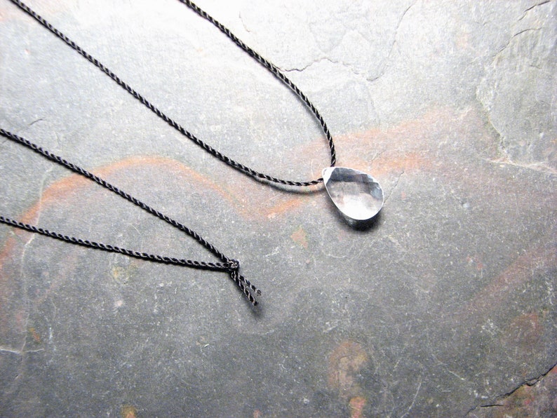 12 Inch Tiny Gem Necklace no clasp free floating 30 inches black silk Clear Cubic Zirconia Teardrop