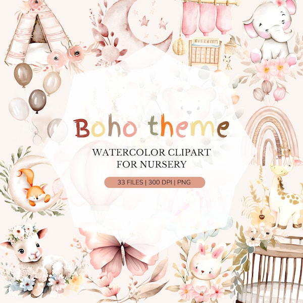 Boho Baby Watercolor Clipart | Nursery Animal Clip Art | Newborn Boho Kid Doodle | Rainbow Horse Lion PNG | Moon Child | Butterfly Lemon SVG