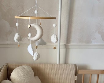 Baby mobile with moon and boucle clouds ,Neutral baby crib mobile,  Baby shower gift, Boho baby mobile, Unisex musical mobile